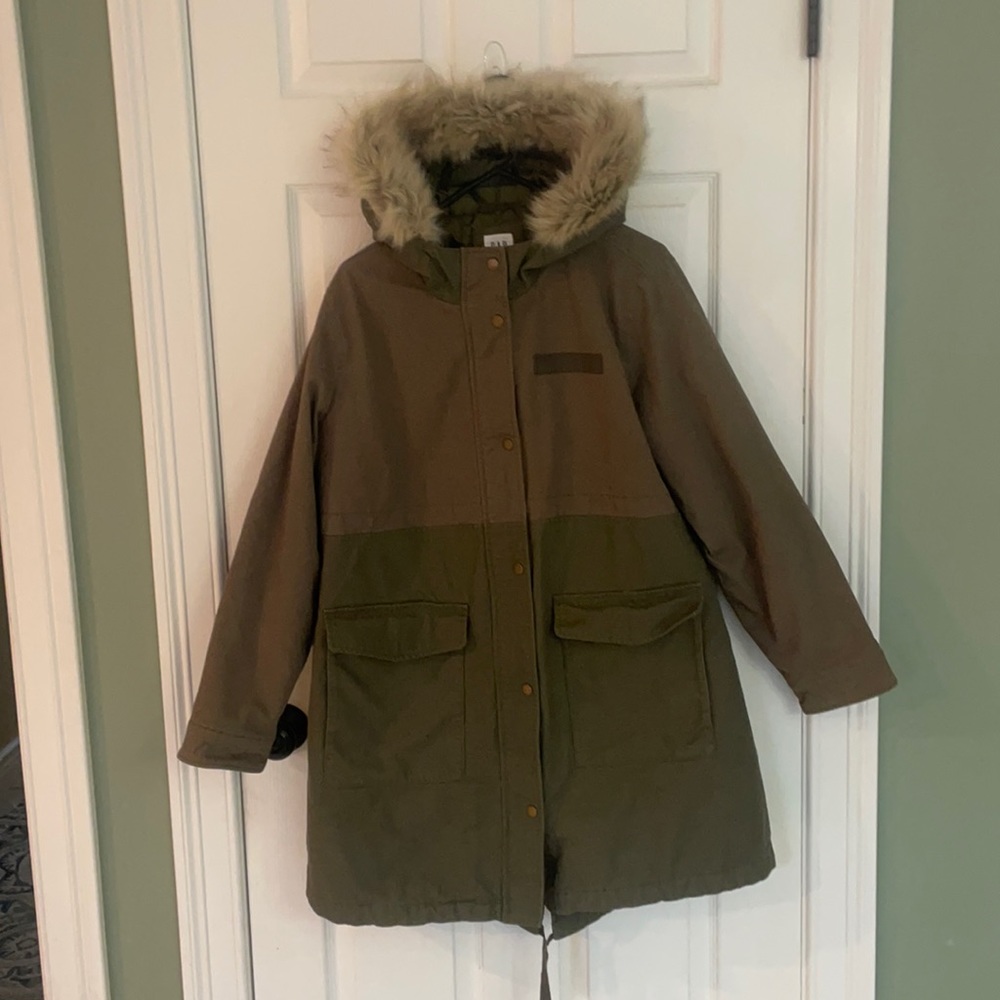 GAP Olive Two-Tone Parka Coat with Faux Fur Trim maternity